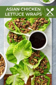 lettuce wraps with ground meat and sauce on the side, ready to be eaten