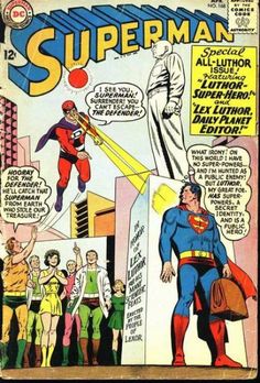 a comic book cover with superman and other people in the background, all looking at each other