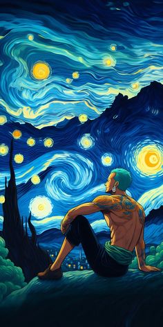 a painting of a man sitting in front of a starry night