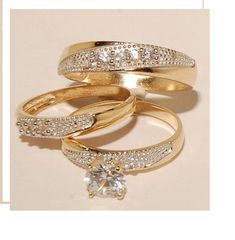 three different types of wedding rings with diamonds on each ring and the other one in yellow gold