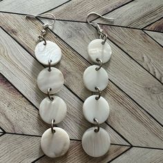 4 Circle Handle M.O.P Drop Dangle Earrings White Nickel-free Drop Earrings, Adjustable White Linear Earrings, White Nickel-free Dangle Linear Earrings, Nickel-free White Linear Drop Earrings, Nickel-free Shell Dangle Earrings, Circle Handle, Silver Shell-shaped Earrings With Pearl Drop, Cream White, Shells