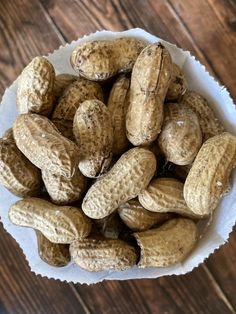 a bowl filled with peanuts on top of a wooden table