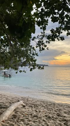 a boat is sitting on the beach near some water and trees in the foreground