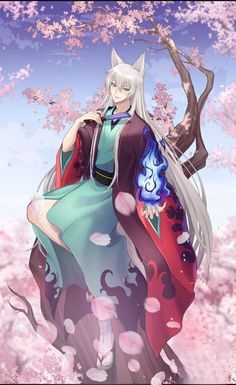 an anime character standing in front of cherry blossom trees