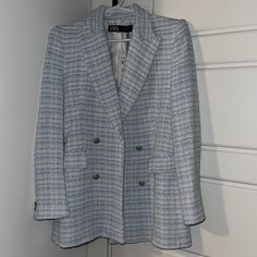 Zara Textured/Tweed Plaid Blazer Color: Blue And White Size: M Brand New With Tags Super Popular And Sought After Blazer Zara Blue Blazer For Winter, Blue Tweed Tailored Blazer, Zara Blue Blazer With Buttons, Zara Double-breasted Blue Blazer, Zara Blue Double-breasted Blazer, Zara Blazer, Blue Tweed, Zara Jackets, Tweed Blazer