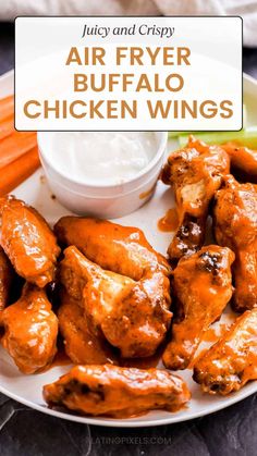 air fryer buffalo chicken wings on a plate with ranch dressing