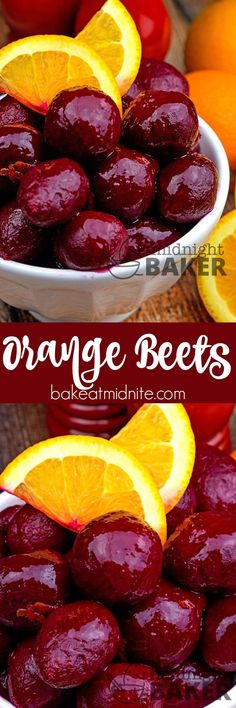 oranges and beets in a white bowl on a wooden table