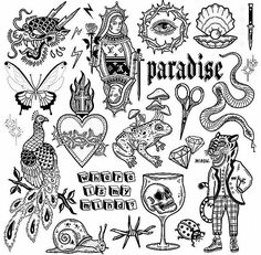 an image of tattoos and other things in black ink on white paper, with the words paradise