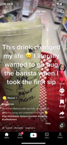 someone holding up a plastic cup with the message'this drink changed my life i literally wanted to go hug the barista when i took the first sip '