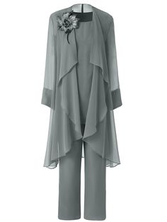 Chic Chiffon Sets For Spring, Chic Chiffon Long Sleeve Sets, Chic Long Sleeve Chiffon Set, Spring Chiffon Dress With Overlay, Summer Formal Chiffon Sets, Spring Evening Chiffon Sets, Bride Pantsuit, Dress Pant Suit, Pant Suits