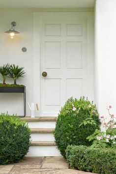 a white door and some plants in front of it