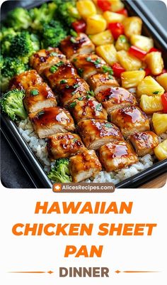 hawaiian chicken sheet pan with broccoli, pineapples and other food items