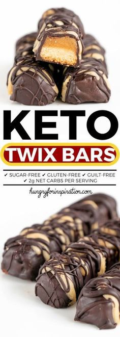 chocolate covered cookies stacked on top of each other with the words keto twix bars