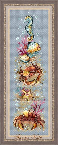 a cross stitch pattern with fish and seahorses