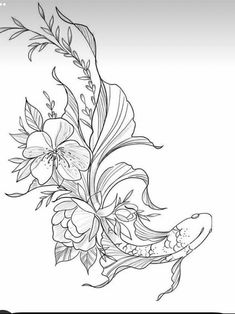 a black and white drawing of flowers with leaves on the bottom, and a koi fish in the middle