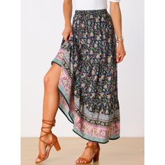 This floral printed skirt makes a great vacation choice. Women's boho vintage print maxi skirt, a must-have skirt and a good skirt gift idea for Spring, Summer, and Fall. Regular fit, just enjoy your leisure time with ease. Team with flat sandals and a relaxed shirt or peasant top. Pair it with sandals or heels for a perfect look. Casual Maxi Skirt, Floral Printed Skirt, Peasant Skirt, Print Maxi Skirt, Printed Skirt, Printed Maxi Skirts, Floral Print Skirt, Leisure Time, Womens Tie