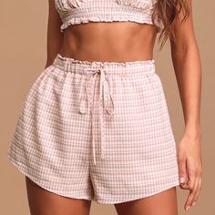 Womens New Lulus My Own Paradise Pink Gingham Two-Piece Romper Only Shorts Gingham Shorts For Spring Daywear, Cute Summer Bottoms For Daywear, Cute Summer Daywear Bottoms, Cute Gingham Shorts For Summer, Spring Gingham Shorts For Loungewear, Spring Gingham Shorts For Daywear, Gingham Pajama Shorts For Loungewear, Cute Pink Shorts For Playwear, Pink Playwear Bottoms