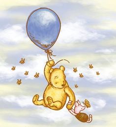 a drawing of a teddy bear flying in the sky with a blue balloon attached to it