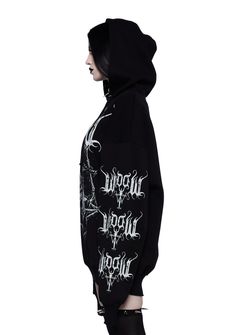 cuz you love goth metal. This hoodie has word and Baphomet graphics on the front and sleeves, adjustable drawstrings, and an oversized fit. Black Punk-style Hooded Hoodie, Black Punk Hooded Hoodie, Black Hooded Emo Sweatshirt, Black Emo Hoodie For Streetwear, Black Gothic Sweatshirt For Streetwear, Black Punk Hoodie For Alternative Fashion, Black Emo Cotton Hoodie, Black Gothic Hoodie Sweatshirt, Edgy Oversized Hoodie With Letter Print