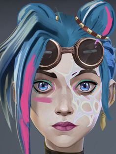 a digital painting of a woman with blue hair and goggles