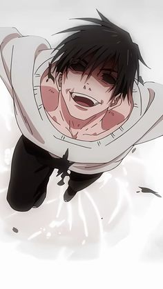 an anime character laying on the ground with his arms spread out and eyes open, smiling