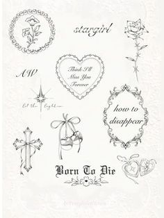 a sheet of paper with different designs and words on the front, including roses, cross, hearts, and other decorative items