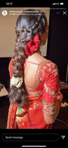 Wedding Day Hairstyles Indian, Open Hair With Rose, Red Rose Hairstyle Open Hair, Hairstyles With Rose Flower, Rose Hairstyle Indian, Red Rose Hairstyle, Bun With Roses, Chudi Designs