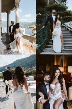 the bride and groom are posing for pictures on their wedding day in front of some stairs