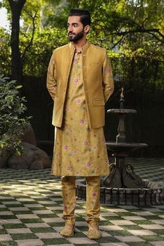 Yellow straight kurta with all over floral prints. Paired with a churidar and quilted bundi. - Aza Fashions Kurta Set Men, Nehru Jacket, Nehru Jackets, Straight Kurta, Churidar, Kurta Set, Full Sleeves, Yellow Floral, Aza Fashion