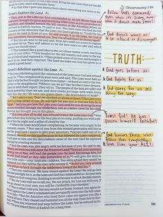 an open bible with the words truth written on it in different colors and font styles