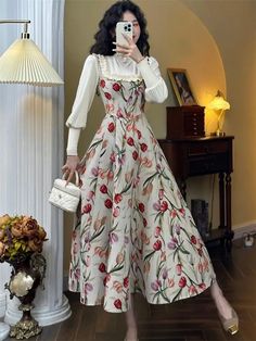 Gagarich Retro Gentle Style Long Sleeved Fake Two-piece Floral Dress Women Spring Autumn New Sweet 2 Piece Long Dress, Two Piece Floral Dress, Gentle Style, Winter Vintage, Womens Floral Dress, Elegant Dresses For Women, Long Dresses, Elegant Woman, Elegant Fashion