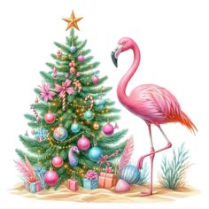 a pink flamingo standing next to a christmas tree