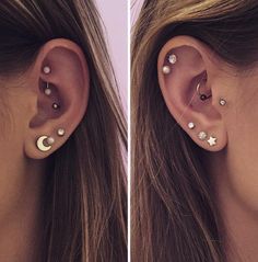 two pictures of a woman's ear with three different piercings on the side