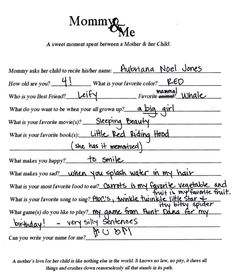 a paper with writing on it that says mommy and me, as well as an image of