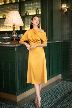 Silk Dress Wedding Guest, Silk Dress Wedding, Silk Evening Dress, Silk Dress Short, Shoulder Off, Bias Cut Skirt, Dark Yellow