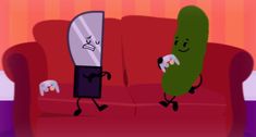 two pickles are on the couch and one is holding a knife