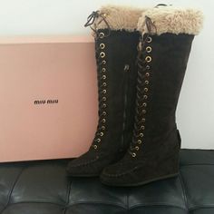 Capra Winter Moro Suede With Fur Top, Below The Knee Boots, Never Worn. Miu Miu Leather Boots For Fall, Studded Boots Outfit, Miu Miu Boots, Below The Knee Boots, Vintage Miu Miu, Fur Top, Miu Miu Shoes, Studded Boots, Fur Boots