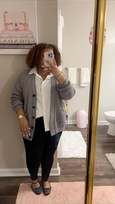 Mesh sparkle ballet flats, oversized cardigan, and button down Size 20 Outfit Ideas, Plus Size Flats Outfit, Office Outfits With Cardigans, Business Professional With Flats, Plus Size Preppy Outfits Winter, White Shirt With Cardigan Outfit, Librarian Work Outfits, Ballet Flats Outfit Plus Size, Plus Winter Work Outfits