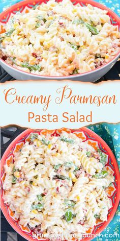 two plates filled with pasta salad on top of a table