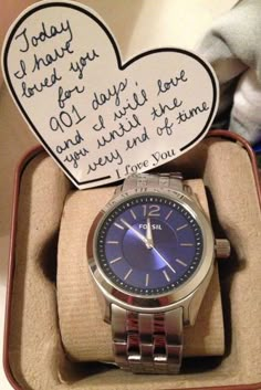 a watch in a gift box with a note attached to the strap that says, today i have found you