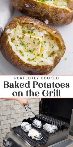 baked potatoes on the grill with text overlay