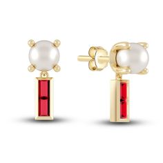 High fashion, meet Juliette Maison. These striking yet sweet mixed baguette-cut natural ruby gemstone and freshwater cultured pearl earrings were designed for when you want to feel elegant and cheeky. Fashioned in 10K yellow gold, the earrings secure in place with friction backs. Classic Yellow Gold Briolette Pearl Earrings, Luxury Gold Briolette Pearl Earrings, Gold Ruby Briolette Jewelry, Gold Ruby Briolette Earrings, 14k Yellow Gold-filled Huggie Pearl Earrings, Jared The Galleria Of Jewelry, Gold Book, Freshwater Pearls Earrings, Ruby Stone