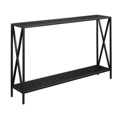 a black console table with two shelves on each side