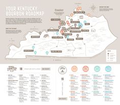 the kentucky bourbon roadmap is shown in blue and orange, as well as several locations