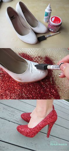 a woman is painting red glitter on her shoes and the bottom one has a brush in it