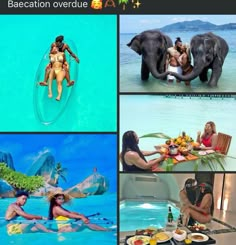 people are having fun in the water with an elephant and two women sitting at a table