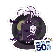 a sticker with a skeleton in front of a grave and bats on the ground