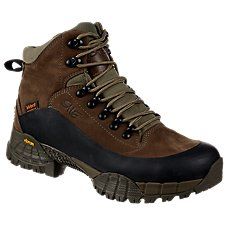 a pair of hiking boots with laces on the outstep and rubber outsteps