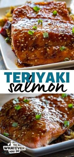 teriyaki salmon on a white plate with green onions