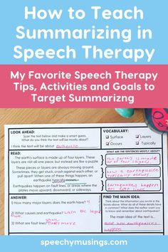 a speech therapy sheet with the title how to teach summarizing in speech therapy